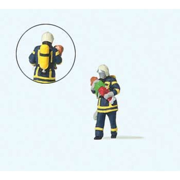 Preiser 28251 - Modern Firefighter Saving Child Individual Figure - Blue Uniform - HO Scale